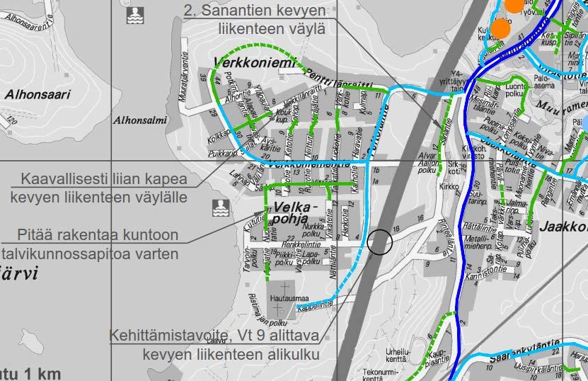 Kaavaselostus 16/19 Kuva 10: Muuramen kunnan kevyenliikenteen verkoston kehittäminen, Pöyry, 2017 Viikatetie on kapea katu, joka jatkuu samanlaisena ajotienä aina alueen pohjoisosassa sijaitsevalle