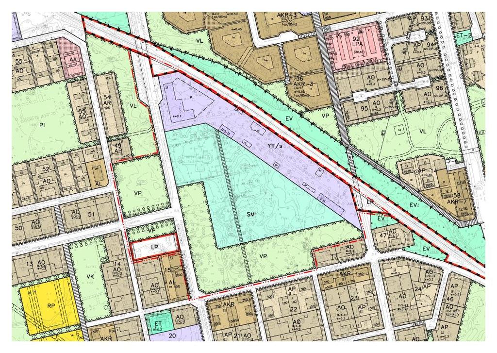 Ote ajantasa-asemakaavasta. Suunnittelualue rajattu punaisella pistekatkoviivalla.