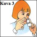 Kuinka nenäsumutetta käytetään 1. Ravista pulloa kevyesti ja poista suojakorkki. (Kuva 1) 2. Niistä nenäsi kevyesti. 3. Sulje toinen sierain ja laita pullon kärki toiseen sieraimeen. (Kuva 2).