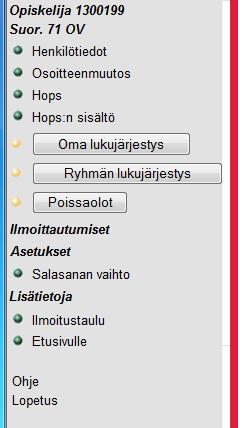 10 (17) 9. Hops - Opiskelijan opinto-ohjelma 9.1. Yleistä Opiskelijan opinto-ohjelman sisältämien opintojen näyttäminen on jaettu neljään osaan: suunniteltuihin, ilmoittautumisiin, osallistumisiin ja suorituksiin.