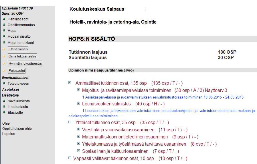 8 (17) 8. HOPS:n sisältö Tällä sivulla opiskelija näkee HOPSinsa kaikki opinnot sisäkkäisessä hierarkiassa.