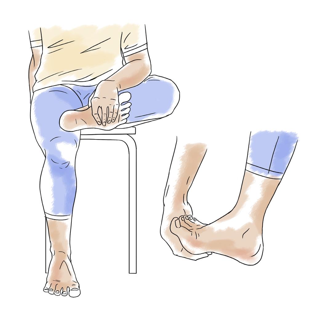 Jalkapohjan venytys Tee harjoitus istuen. Ojenna käden avulla varpaita kohti säären etuosaa ja tunne venytys varpaiden ja jalkaterän etuosan alla.
