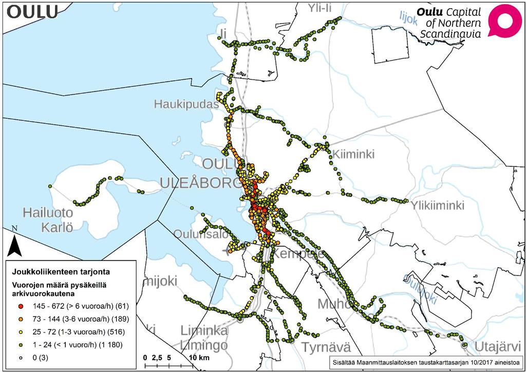 Raportti OUKA/8430/08.00.00/2017 13(42) KUVA 3. JOUKKOLIIKENTEEN VUOROTARJONTA PYSÄKEITTÄIN. TAULUKKO 6. SEUDUN KUNTIEN JOUKKOLIIKENNEYHTEYDET OULUUN.