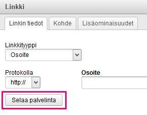 Työkalurivillä klikkaa Lisää linkki painiketta. Klikkaa selaa palvelinta. Tiedostonhallinta aukeaa.