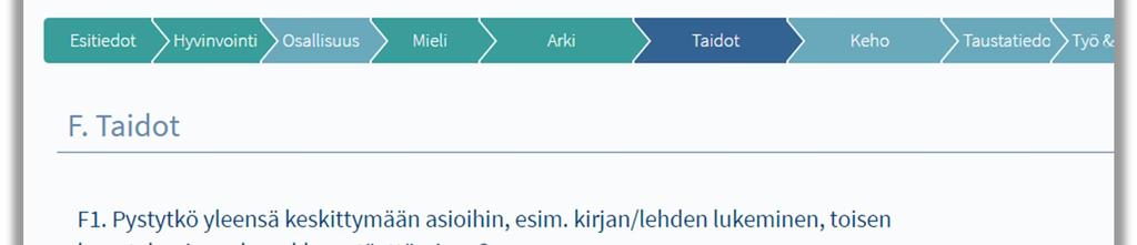 Aktiivinen osio näkyy yläpalkissa tummansinisenä, keskeneräiset osiot vaaleansinisenä ja täytetyt osiot vihreinä.