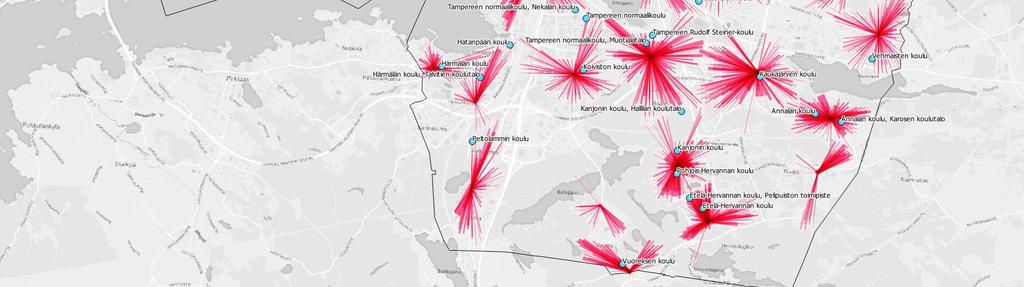 kaupunkirakenteeseen tieverkon yhteyteen (= ei järvien päälle) 29 koulua