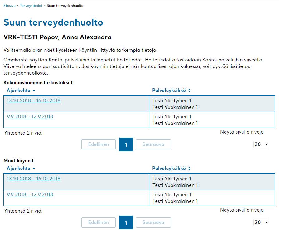 Suun terveydenhuolto -sivu Kansalainen voi valita Suun terveydenhuolto sivulta listauksesta joko Kokonaishammastarkastukset =