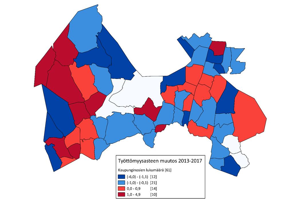 4 Työttömyys väheni vuoden 17 aikana lähes kaikissa kaupunginosissa. Ainoastaan kolmessa kaupunginosassa työttömyys hieman kasvoi.