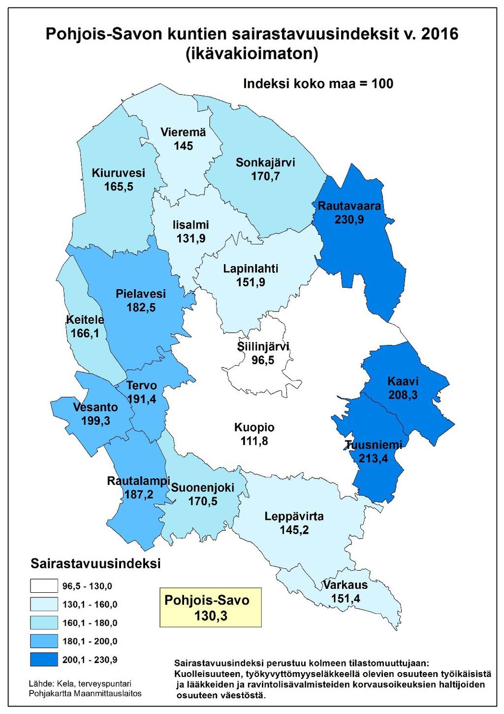 Vain Siilinjärvellä sairastavuus on maan keskimääräistä vähäisempää (nuori ikärakenne) Sairastavuus on suurinta kunnissa, jotka olleet pitkään