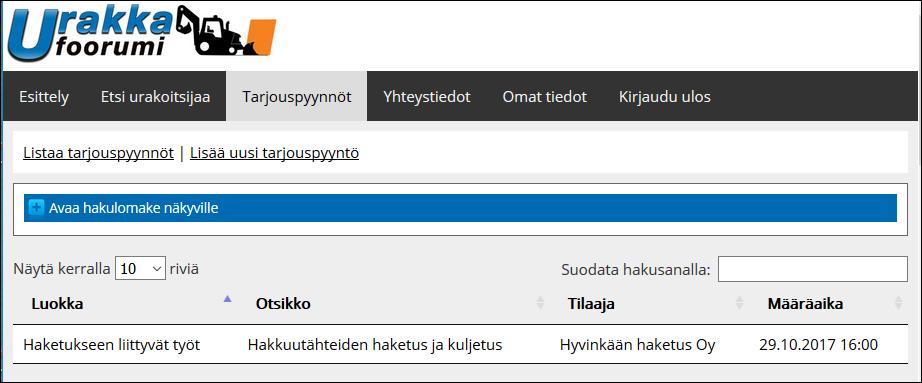 Tilaajien toiminnot Ostajien/palveluiden tilaajien ilmoituspalsta - Toiminto tarkoitettu erityisesti tie- ja kiinteistöhoidon pääurakoitsijoille aliurakoitsijoiden tiedotukseen ja hankintaan -