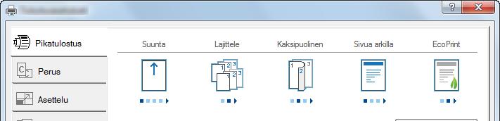 1 3 2 Nro Kuvaus 1 Pikatulostus Sisältää kuvakkeita, joita voi käyttää usein käytettyjen toimintojen määrittämiseen helposti.
