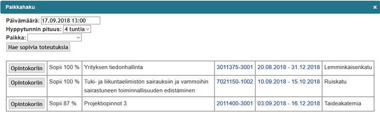 2.1.1 Hyppytuntihaku Kalenterinäkymässä voit etsiä hyppytunneille osuvaa opetusta klikkaamalla kalenterista tyhjää kohtaa. Valitse tämän jälkeen hyppytunnin pituus ja halutessasi myös toimipiste.