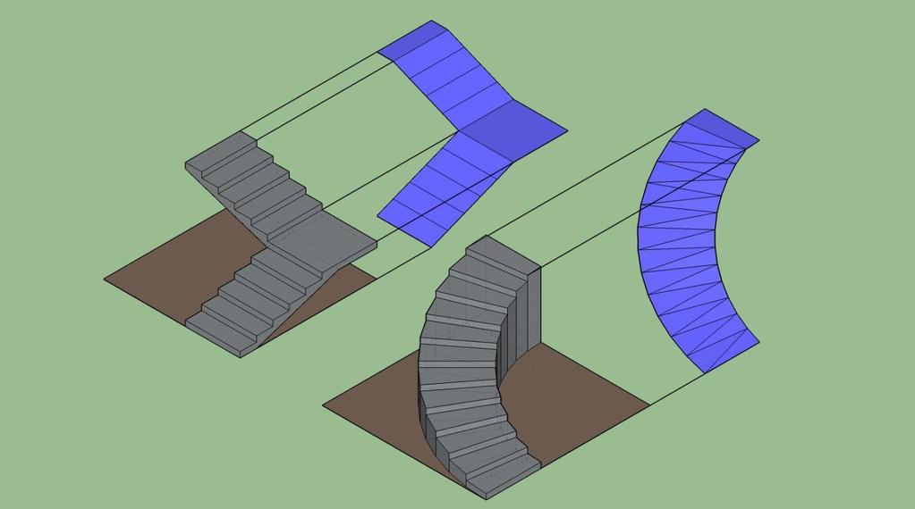 Versio 1 70 Jos reaalimaailman portaat tai esteettömyysluiska on kaltevalta osaltaan kaareva (eli kiertyvä), Portaat-kohteen geometria voida muodostaa yhtenä pintana.
