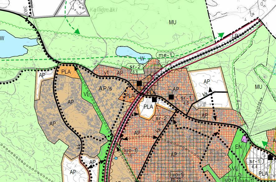 (PLA) ja pientalovaltaista asutusta (AP). Lisäksi alueen poikki on varattu itä-länsisuuntainen kävely- ja pyöräily-yhteys alikulkuineen.