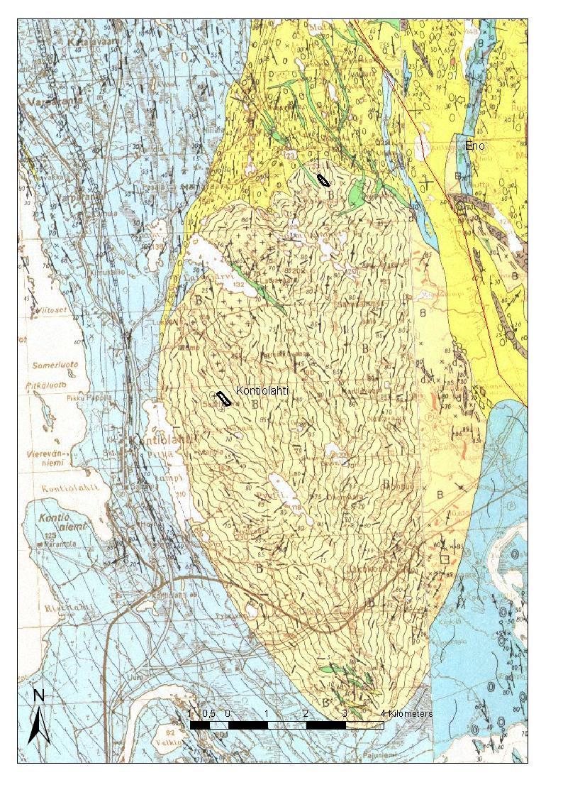 42 Kontiolahti Kontiolahden tärkeimmät kalliokiviainesesiintymät ovat ns. Jakokosken kupolin alueella. Kokkovaara Palokangas Jakokosken kupoli Kiilleliusketta Kuva 26.