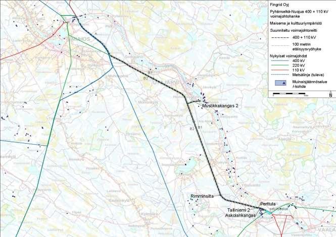 104 Ympäristövaikutusten arviointiselostus Kuva 7.20. Muinaisjäännöskohteet ja alueet suunniteltujen voimajohtoreittien ympäristössä.
