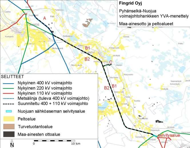 Mustikkakankaalla voimajohtoreittivaihtoehdon C ja nykyisen voimajohdon länsipuolelle sijoittuu maa-aineistenottoalue.