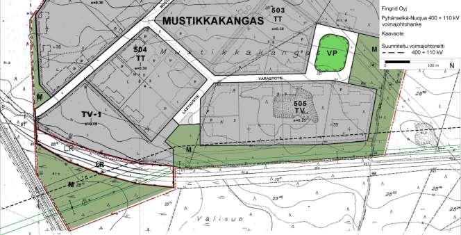 Ympäristövaikutusten arviointiselostus 153 metsäaluetta merkinnällä maa- ja metsätalousalue M. johtoa varten varattu alueen osa sähkölinja Z. Kuva 8.27. Ote Mustikkakankaan asemakaavasta.