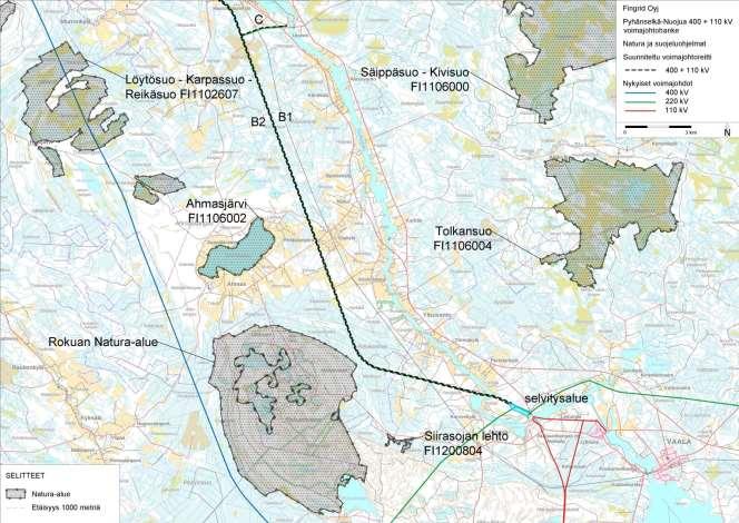 Ympäristövaikutusten arviointiselostus 61 Kuva 6.21. Natura-alueet suunniteltujen voimajohtoreittien läheisyydessä. 6.2.10 Muut arvokkaat luontokohteet Seuraavassa on kuvattu lähtöaineiston sekä maastoinventointien perusteella rajatut arvokkaat luontokohteet.