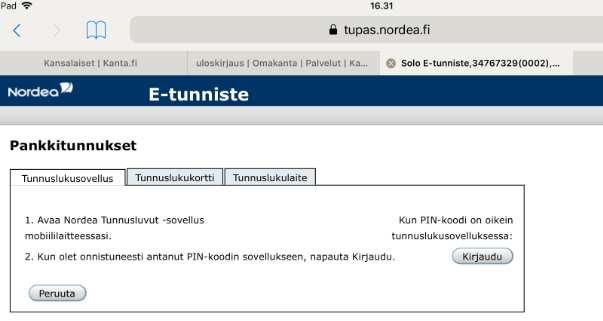 Kirjautuminen tabletilla omakantaan 1. 1. Kun olet avannut tunnuslukusovelluksen, pyytää se sinulta automaattisesti nelinumeroista tunnuslukuasi 2.