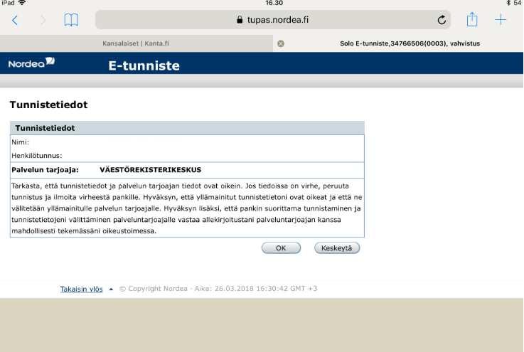 Kirjautuminen tabletilla omakantaan 1.