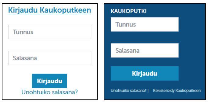 5 2. Kirjautuminen Kaukoputkeen Voit kirjautua Kaukoputkeen joko sivuston yläreunan kirjaudu-linkin kautta, valikosta löytyvän kirjautumiskentän kautta tai suoraan osoitteessa https://www.kaukokiito.