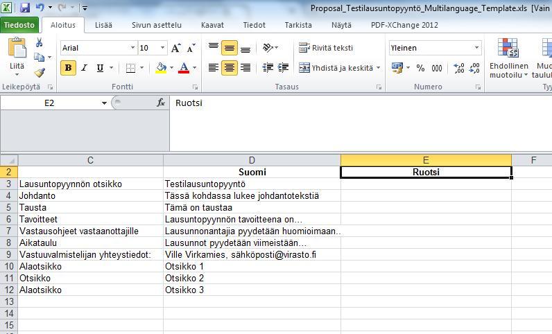 A) Tee kieliversio Excel-tiedoston avulla 1.