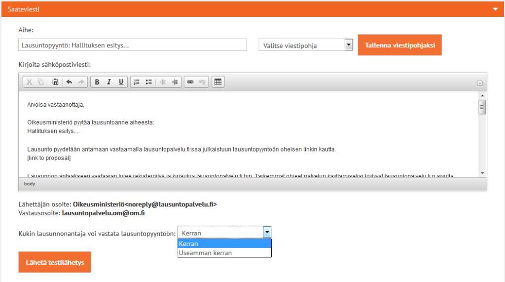 10.2 Luo sähköpostin saateviesti Voit lähettää lausuntopyynnön sähköpostitse valitsemillesi vastaanottajille jakelulistan avulla suoraan lausuntopalvelu.fi:stä.