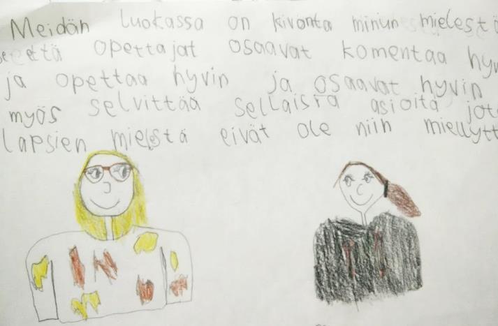 Kuva 1. Oppilaan kuvaus hyvistä yhteisopettajista Luokanhallinnan lisäksi oppilaat kokivat opettajan tehtäviin kuluvan oppilaiden auttamisen.