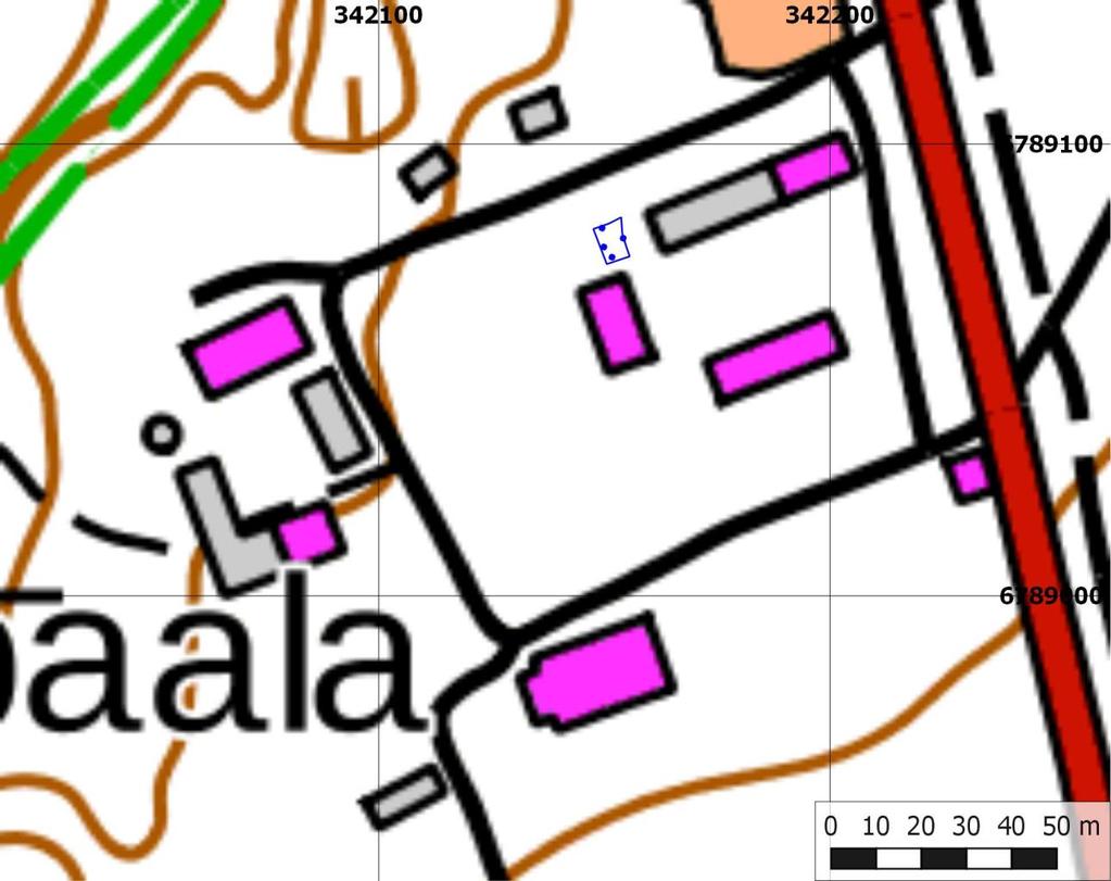 4 Tutkimusalueen ja koekuoppien sijainti (sinisellä) asemoituina vuoden 2017 maastokartalle.