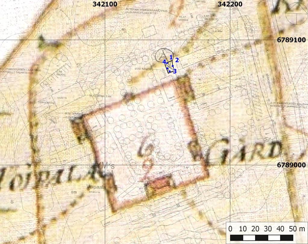 6 Tutkimusalueen ja koekuoppien sijainti (sinisellä) vuoden 1769 tiluskartalle (Jussila 2002: 43) ja Valkeakosken kaupungin pohjakartalle asemoituna.