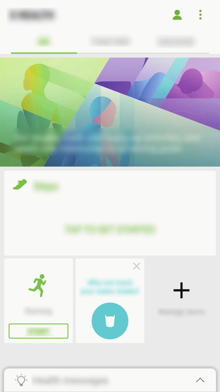 Sovellukset S Health -sovelluksen käyttäminen Voit seurata hyvinvointiasi ja kuntoasi näyttämällä tärkeimmät tiedot S Health -sovelluksen valikoista ja seurantaohjelmista.