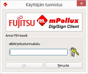 Ohjelma pyytää allekirjoitukseen joko perustunnuslukua (PIN 1) tai allekirjoitustunnuslukua (PIN 2). Perustunnusluku on tarkoitettu kertakäyttöiseen allekirjoitukseen esimerkiksi sähköpostiviesteissä.