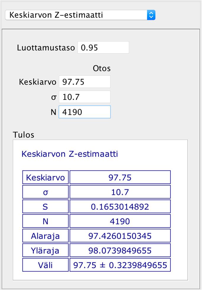 520B. a) Lasketaan 95 %:n luottamusväli autojen nopeuksien keskiarvolle, kun nopeuksien keskiarvo oli x 97,75 km/h, keskihajonta s = 10,70 km/h ja otoksen koko n = 4190.