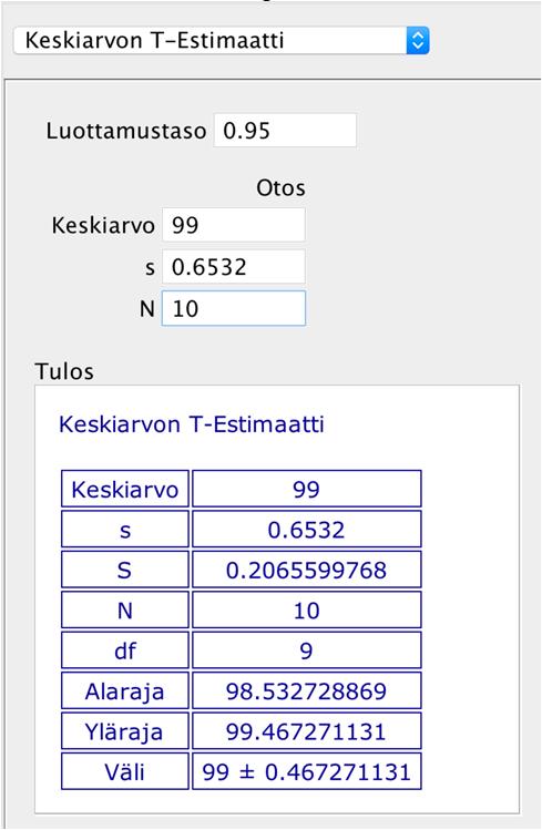 Määritetään ohjelmalla 95 %:n luottamusväli ruuvien pituuksien keskiarvolle, kun pituuksien keskiarvo oli x 99, keskihajonta s =