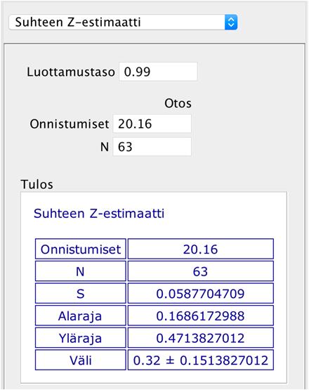 535B. a) Määritetään ohjelmalla 99 %:n luottamusväli alkoholia käyttämättömien lukiolaisten osuudelle, kun suhteellinen osuus otoksessa on p = 0,32, otoskoko n = 63 ja 99 %:n luottamusvälin