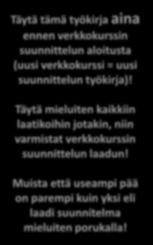 24/7 Tasa-arvoinen oppiminen hanke VERKKOKOULUTUKSEN SUUNNITTELUN TYÖKIRJA Täytä tämä työkirja aina ennen verkkokurssin suunnittelun aloitusta (uusi verkkokurssi = uusi suunnittelun