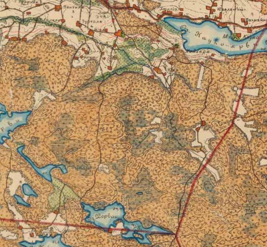 56 (116) Kuva 32. Ote vuoden 1912 kartasta, jossa näkyvät mm. Ruskontie ja Houkanoja. Ruskontien varressa on sijainnut maatila, jonka pellot näkyvät kartassa vaaleina.