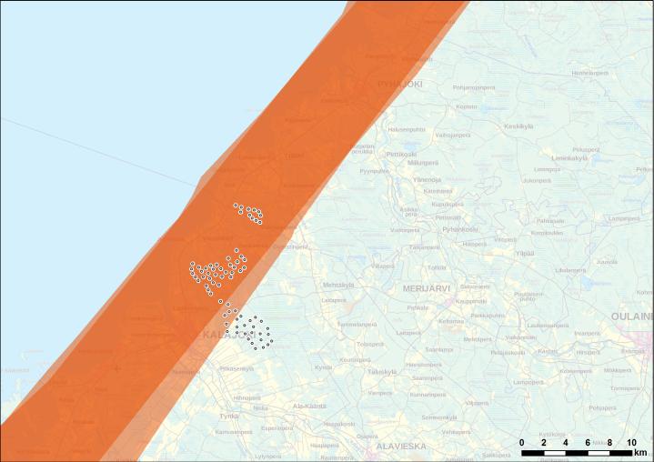 Kalajoki Pyhäjoki tuulivoimapuistot 12 (41) Kuva 8. Laulujoutsenen valtakunnallisesti tärkeiden kevät ja syysmuuttoreittien (Toivanen ym.