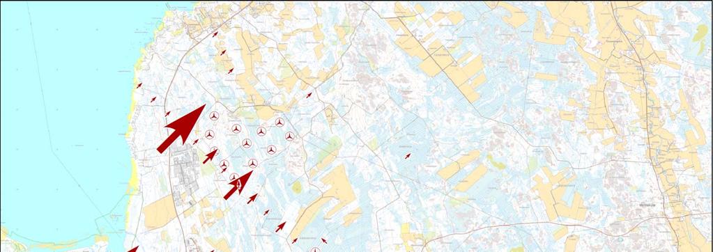 Kalajoki Pyhäjoki tuulivoimapuistot 15 (41) Kuva 11. Laulujoutsenen havaittu kevätmuutto Kalajoella vuonna 2016. Nuolen koko kuvaa muuton havaittua voimakkuutta (nuolessa 1 588 yksilöä).