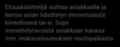 tutustuu asiakkaan tilanteeseen kaikkien Kelassa olevien tietojen perusteella; sisältää tiedon siitä miksi asia on arvioitu kiireelliseksi Etuuskäsittelijä soittaa asiakkaalle ja kertoo asian