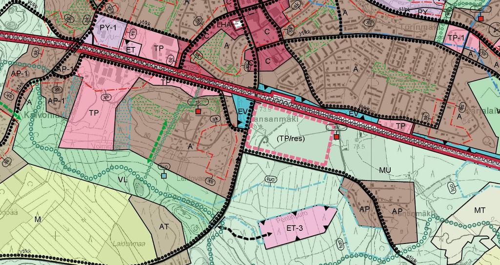 Yleiskaavassa on osoitettu seuraavia varauksia ja merkintöjä: Asuntoalue (A), pientalovaltainen asuntoalue (AP), työpaikka-alueen mahdollinen laajennusalue (TP/res), maa- ja metsätalousalue, jolla on