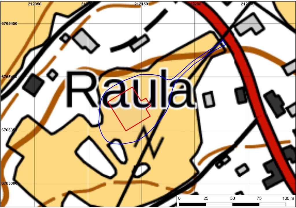 5 Ote tilaajan asemapiirroksesta, jossa on suunniteltu pakkaamorakennus alhaalla vasemmalla, sen ympärillä tuleva piha-alue sekä edelleen koilliseen johtava tulotie.
