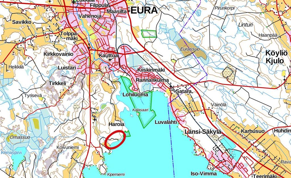 Suunnittelualue Suunnittelualue sijaitsee Euran kunnassa Kauttuan kylässä Pyhäjärven rannalla noin 7 kilometriä Euran keskustasta etelään. Kauttuan keskusta on noin 5 km etäisyydellä.