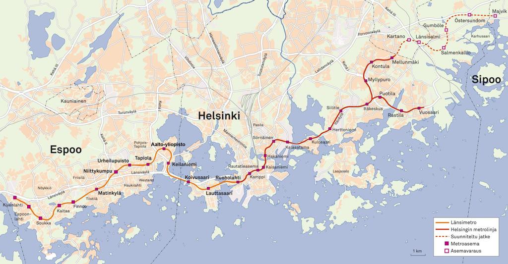 Itäjatke Länsimetro 21 km 13 asemaa Varikko Sammalvuoressa Kantametro