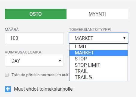 TOIMEKSIANNON TEKEMINEN 10 Toimeksiannon tekeminen Toimeksiantoruudun yläreunassa pystyt näkemään tuotteen symbolin, sekä pörssin, jossa tahdot tuotetta ostaa.