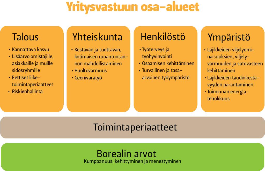 6 (19) Yritysvastuuraportti Yritysvastuun johtaminen Boreal Kasvinjalostus Oy on osakeyhtiö, jonka päätöksenteossa ja hallinnossa noudatetaan Suomen lakeja ja yhtiön yhtiöjärjestystä.