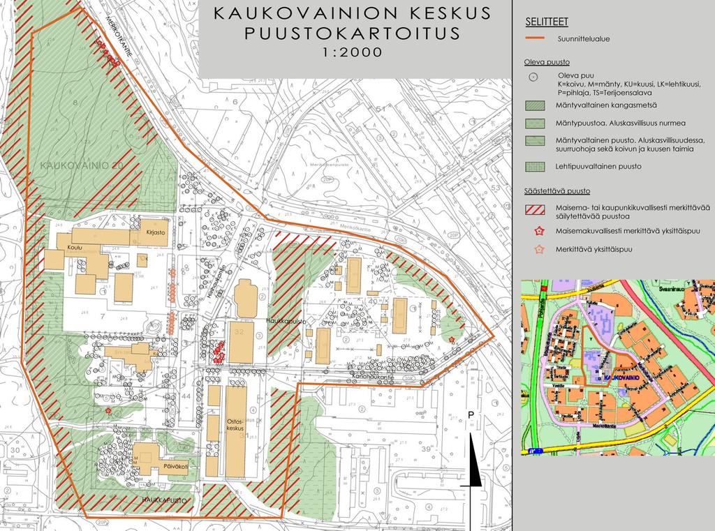 Asemakaavan selostus, Kaukovainion keskus 564-2147 20 3.3.9 Puustokartoitus Keskuksen alueelle on laadittu puustokartoitus (Plaana Oy 8.11.2013).