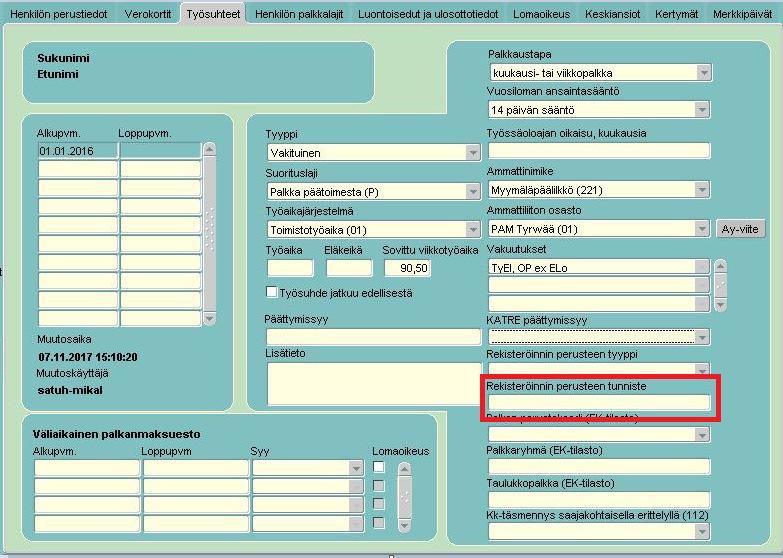 3.5 Palvelusuhteen rekisteröinnin tunniste Palkansaajat Työsuhteet välilehdelle n lisätty kenttä Rekisteröinnin