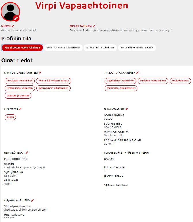 Käyttäjäprofiilin tietojen muokkaaminen ja salasanan vaihtaminen Käyttäjäprofiilin tietojen muokkaamissivulla voi muuttaa profiilin luomisen yhteydessä ilmoittamiaan tietoja sekä kertoa itsestään